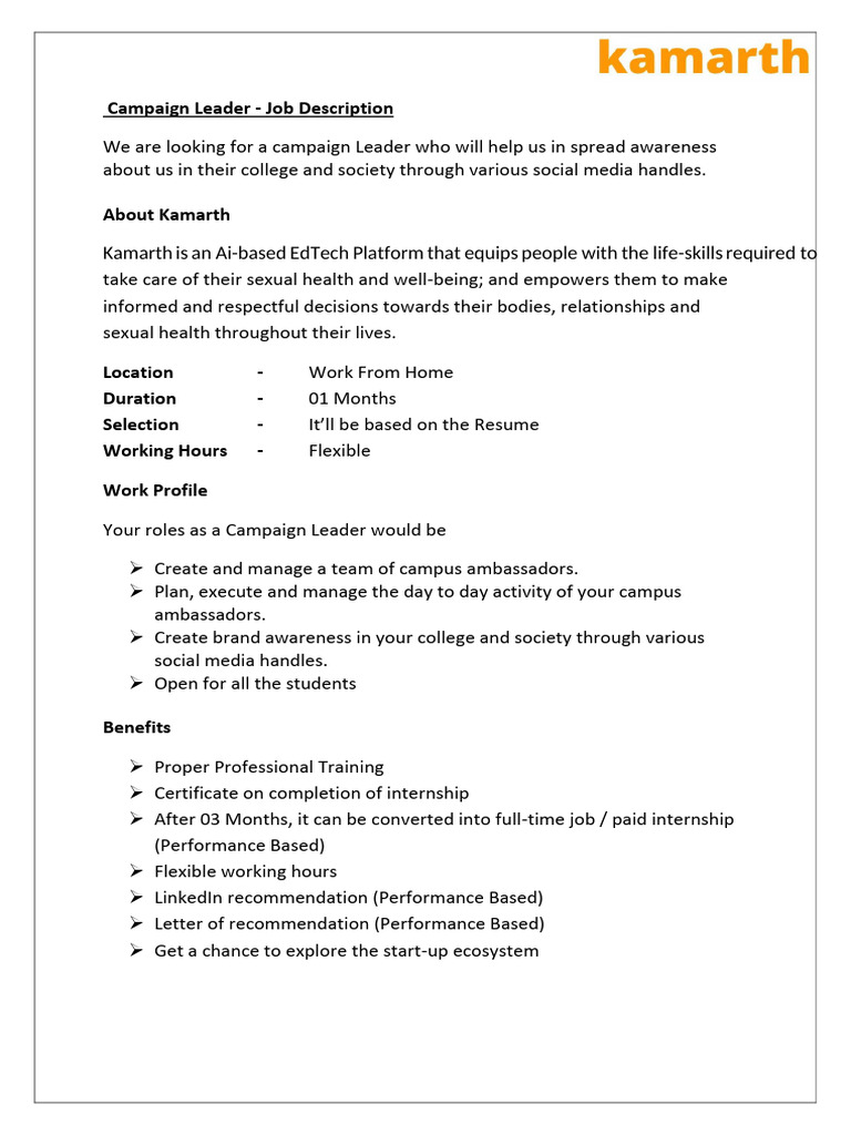 Campaign Leader Job at Kamarth | PDF
