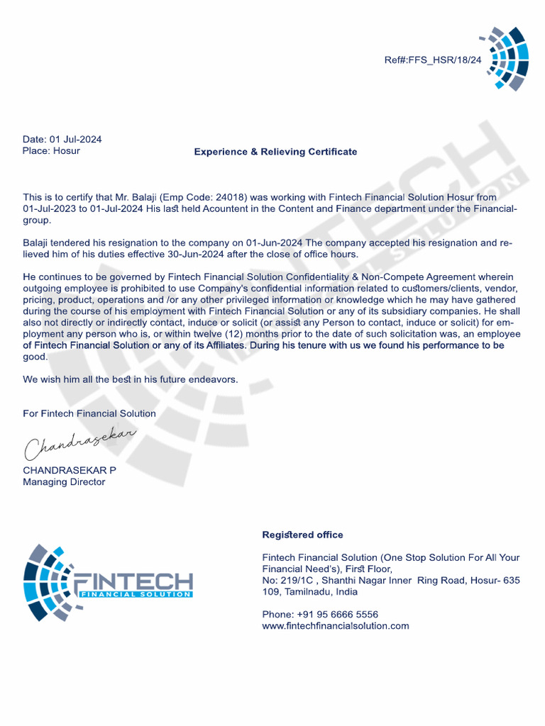 Balaji's Experience & Relieving Certificate | PDF