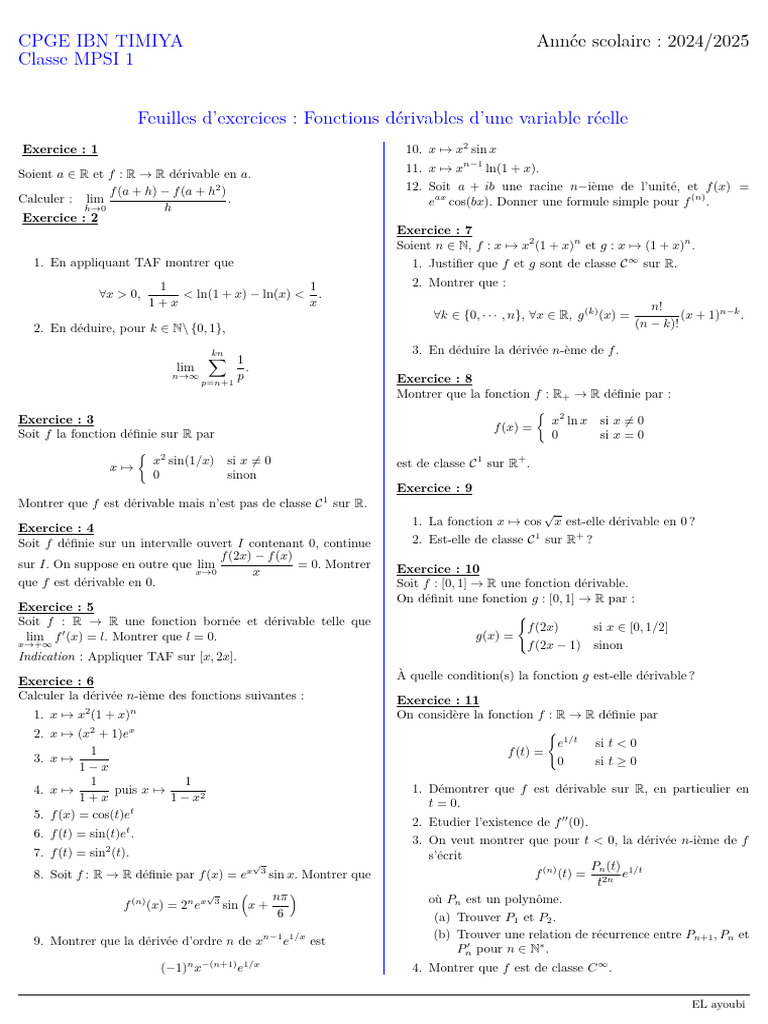 Exercices sur les Fonctions Dérivables en CPGE | PDF | Mathématiques ...