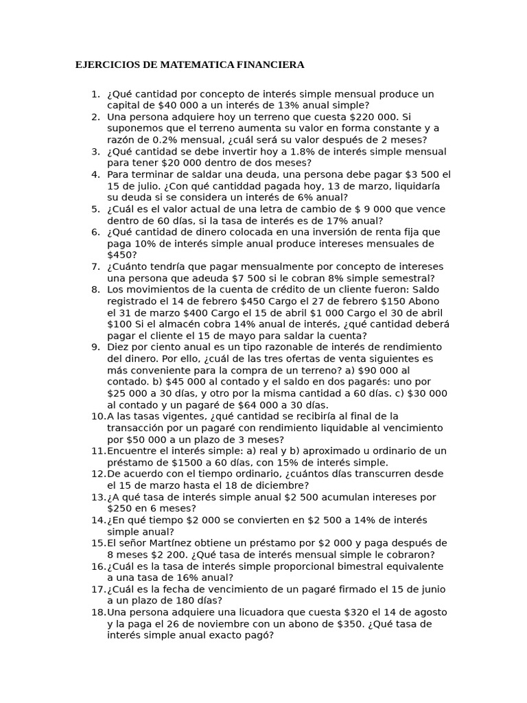 Ejercicios de Matematica Financiera | PDF | Interés | Tasas de interés