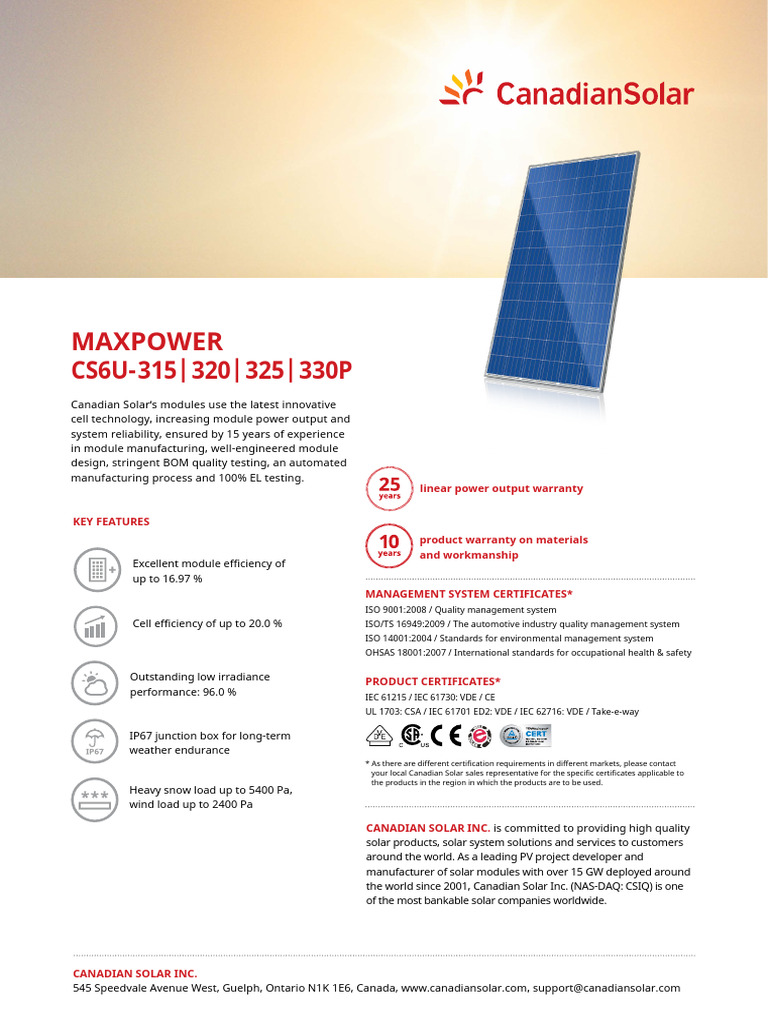 Canadian Solar CS6U Module Features | PDF | Solar Panel | Electricity