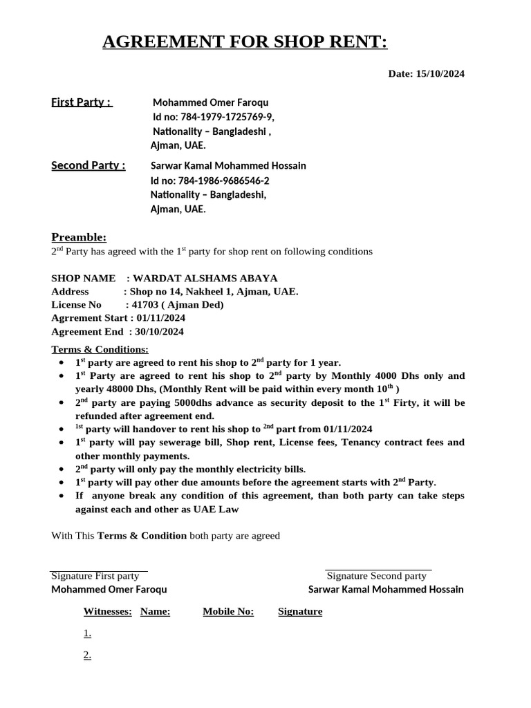Shop Rent Agreement in Ajman | PDF