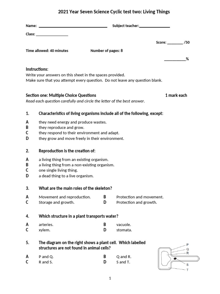 2021 Year Seven Science Cyclic Test Two | PDF | Symbiosis | Cell (Biology)