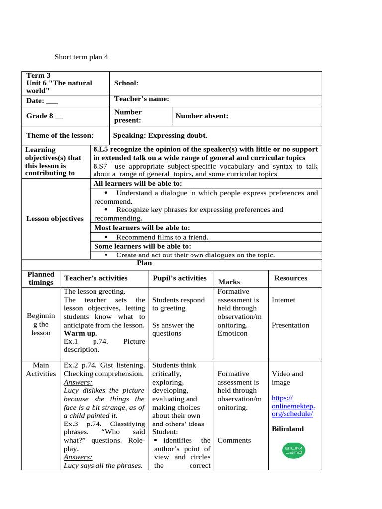 Short Term Plan 4 | PDF | Reading Comprehension | Cognitive Science
