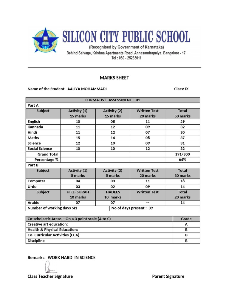 Class IX Formative Assessment Marks Sheet | PDF | Observation | Human ...