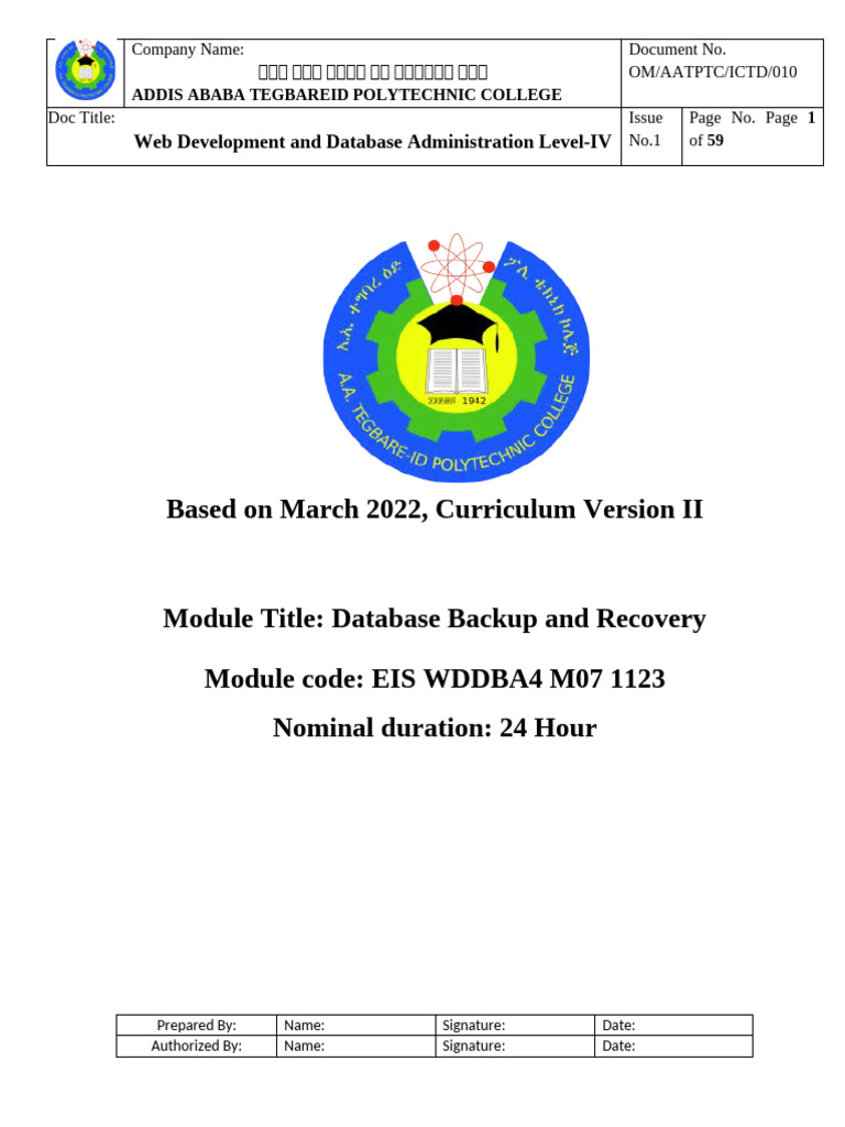 OM AATPC ICTD 007 WDDBA4 M07 Database Backup and Recovery | PDF ...