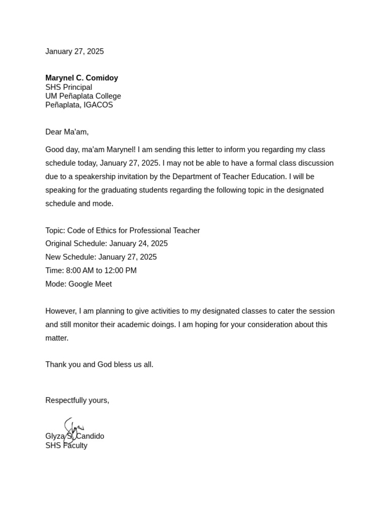 Class Schedule Update for January 27 | PDF