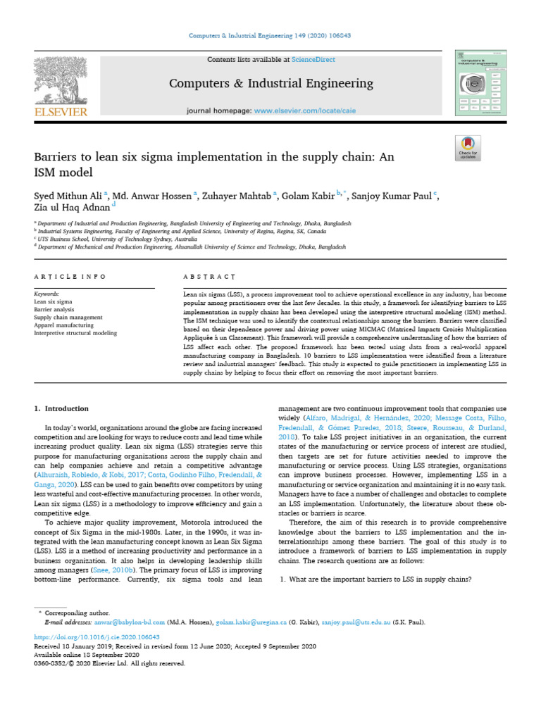 Barriers to Lean Six Sigma in Supply Chains | PDF | Six Sigma | Methodology