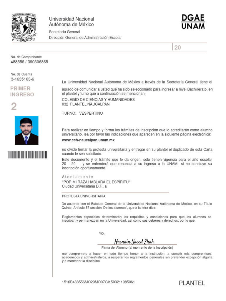 Carta de Aceptación UNAM 2025-2026 | PDF