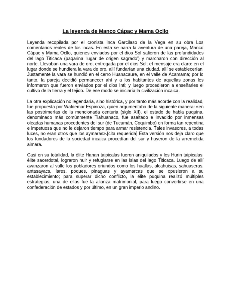 Manco Cápac y Mama Ocllo: Origen Inca | PDF