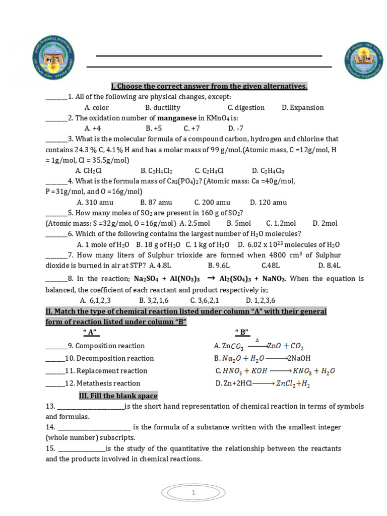 W@T. G-10 Chem Worksheet 2017E.C | PDF | Mole (Unit) | Chemical Reactions