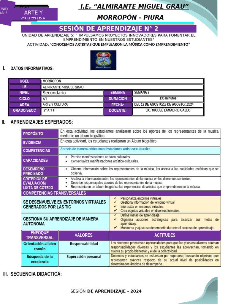 Sesión de Aprendizaje de Arte y Cultura Del 12 de Agosto Al 16 de ...