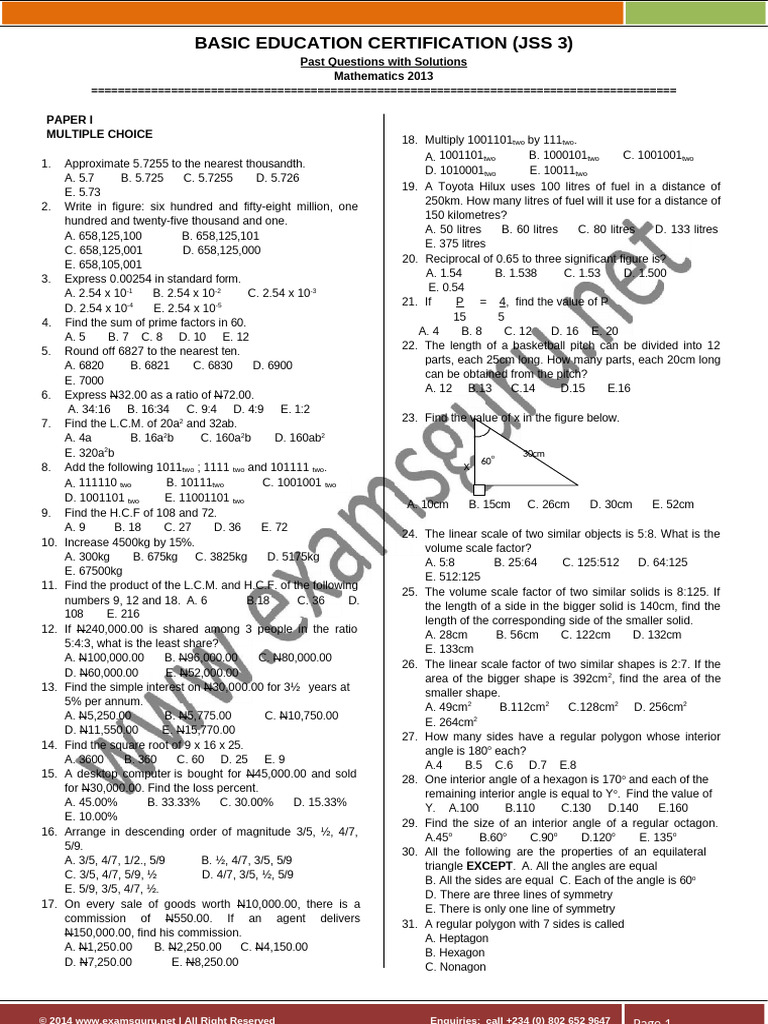 JSS3 BECE Past Questions & Solutions | PDF | Area | Arithmetic Mean