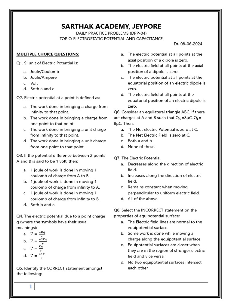 Electrostatic Potential & Capacitance DPP | PDF | Electric Field ...