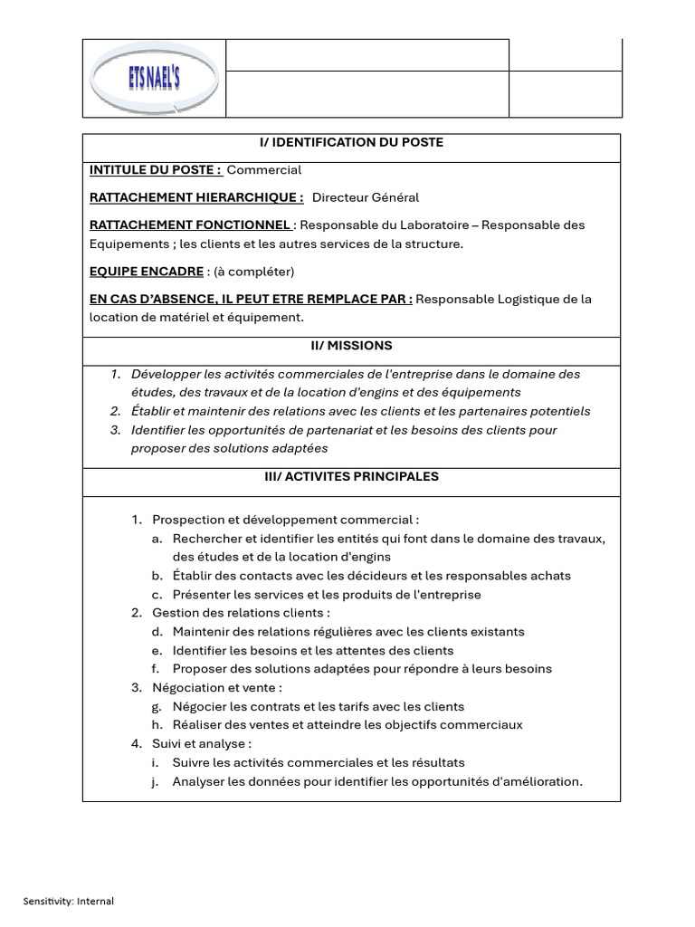 Fiche de Poste : Commercial chez ETS NAEL'S | PDF | Gestion de la ...