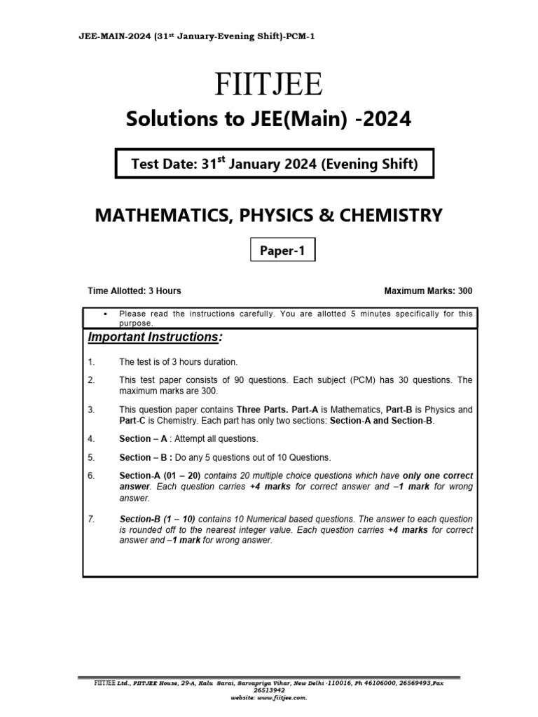JEE Main 2024 Evening Shift PCM Solutions | PDF | Photoelectric Effect ...