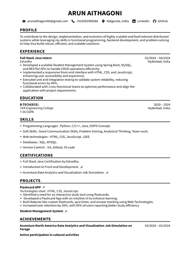 Arun Aithagoni: Full Stack Developer Profile | PDF