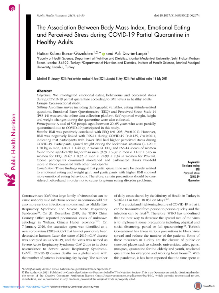 The Association Between Body Mass Index Emotional Eating and Perceived ...