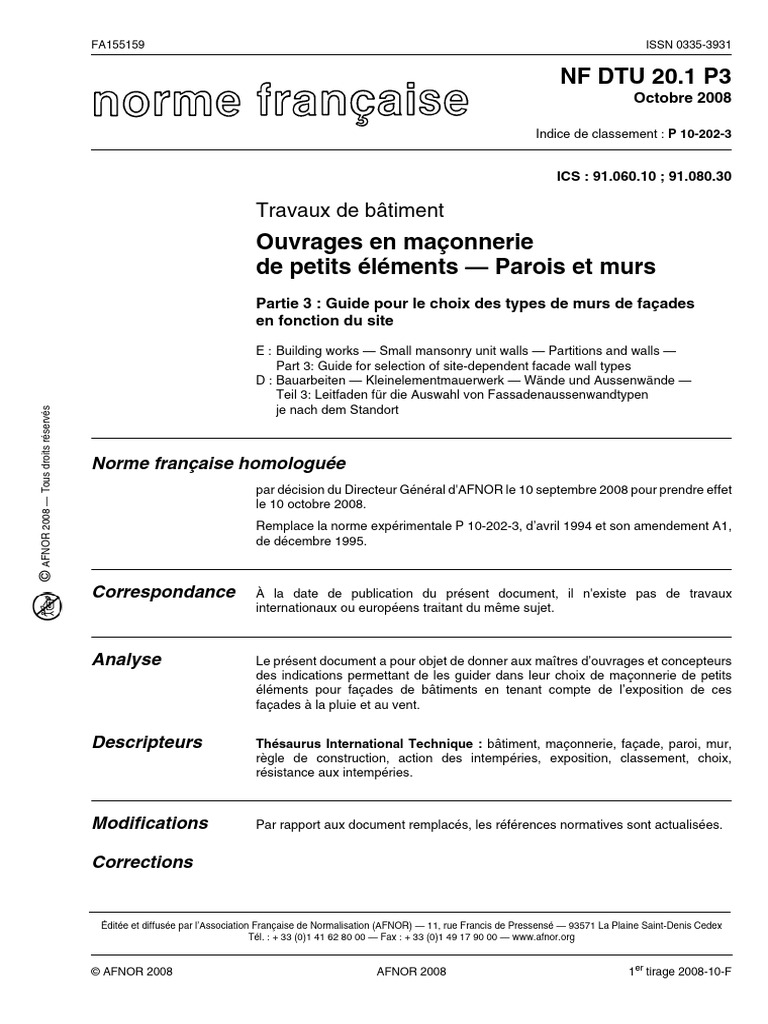 Guide DTU 20.1 Maçonnerie de façades PDF Mur Code de la — free download