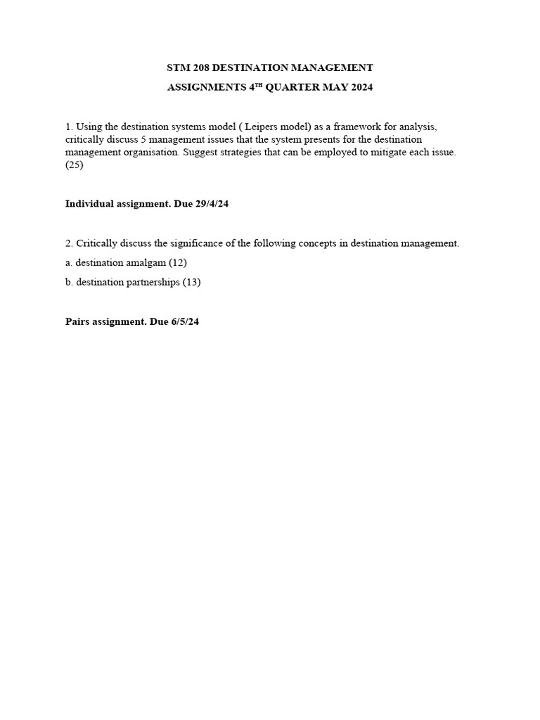 STM 208 Destination Management Assignments 4 Quarter May 2024 | PDF