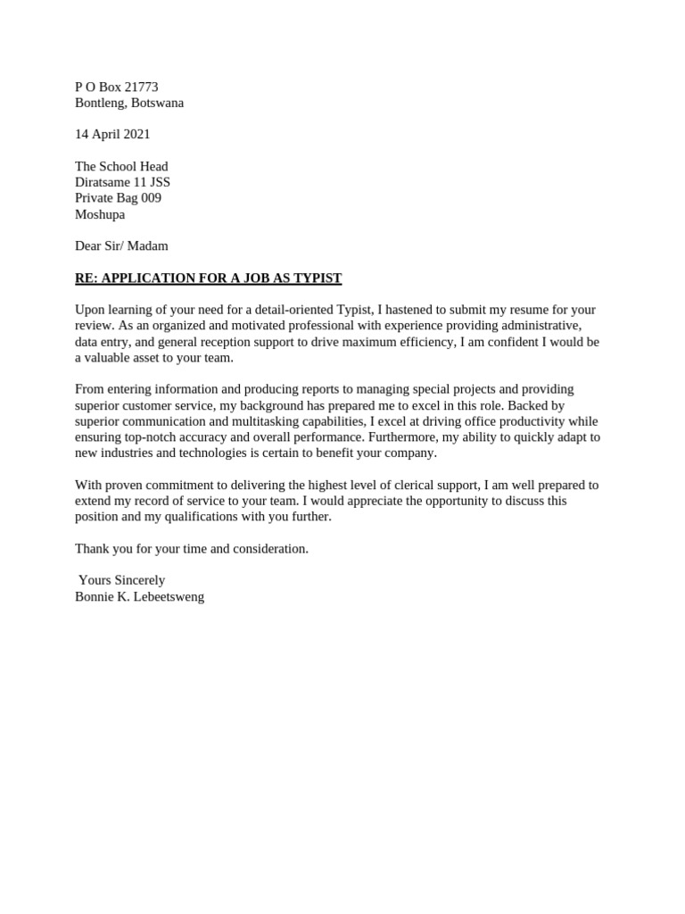Typist Job Application Letter | PDF