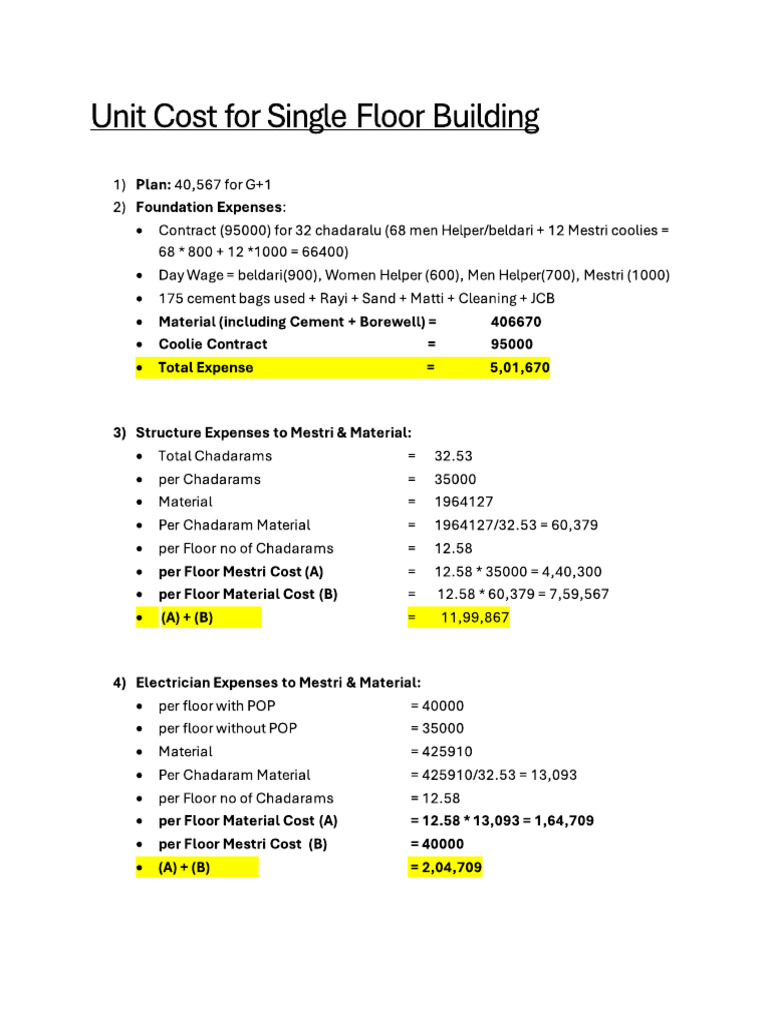 Unit Cost For Single Floor Construction PDF | PDF