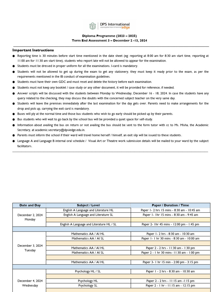 IB Diploma Programme Exam Schedule 2024 | PDF | Chemical Reactions ...