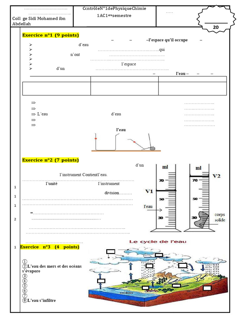 Contrôle de Physique-Chimie 1AC 2024-2025 | PDF | Eau | Gaz