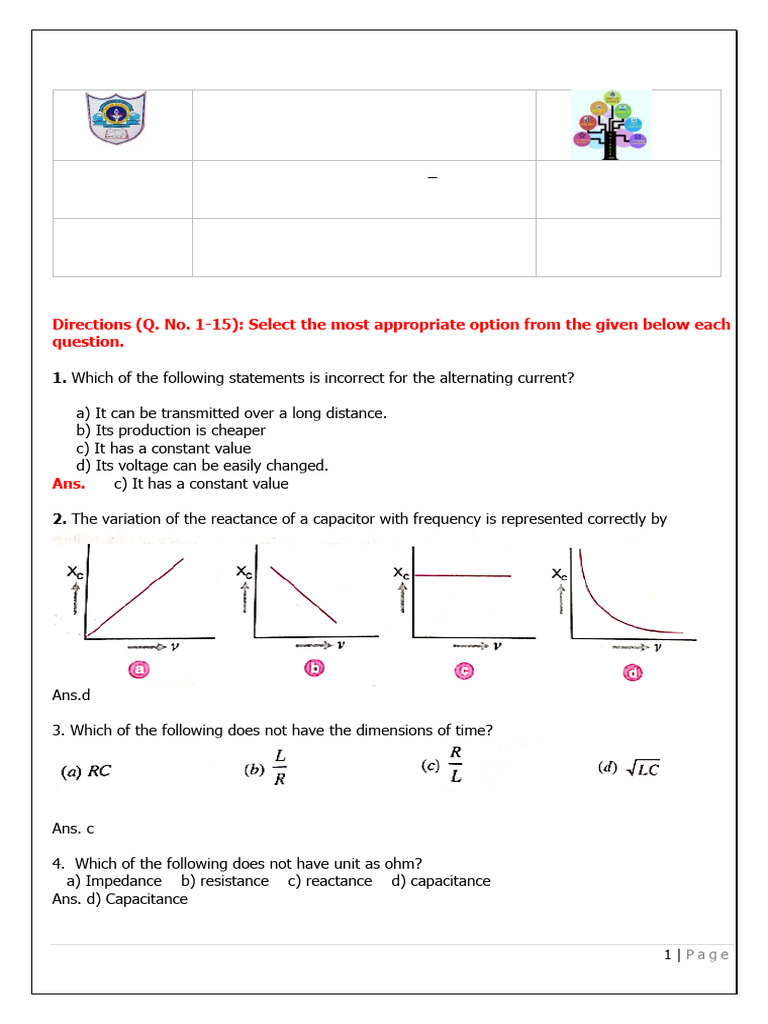 AC Circuit Worksheet with Answers | PDF | Inductor | Electrical Impedance