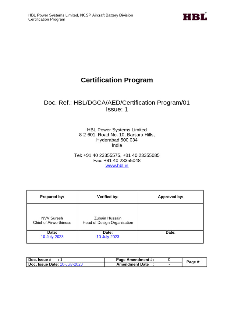 HBL Aircraft Battery Certification Program | PDF