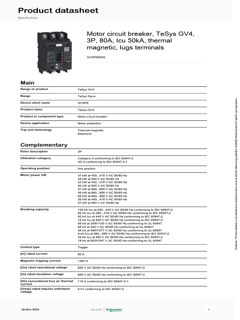 TeSys GV4 Motor Circuit Breaker 80A | PDF | Electric Motor | Electrical ...