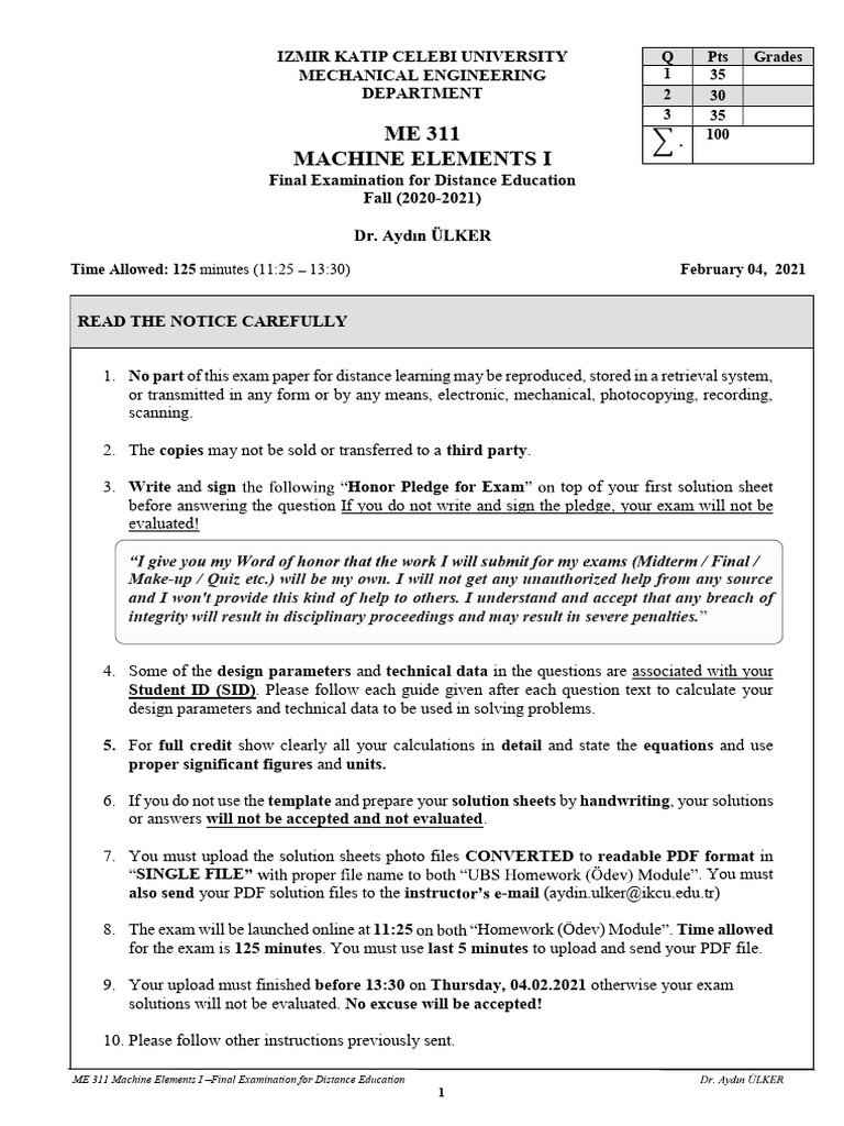 Me 311 Machine Elements I Final Exam 2021 - 02 - 04 | PDF | Screw ...