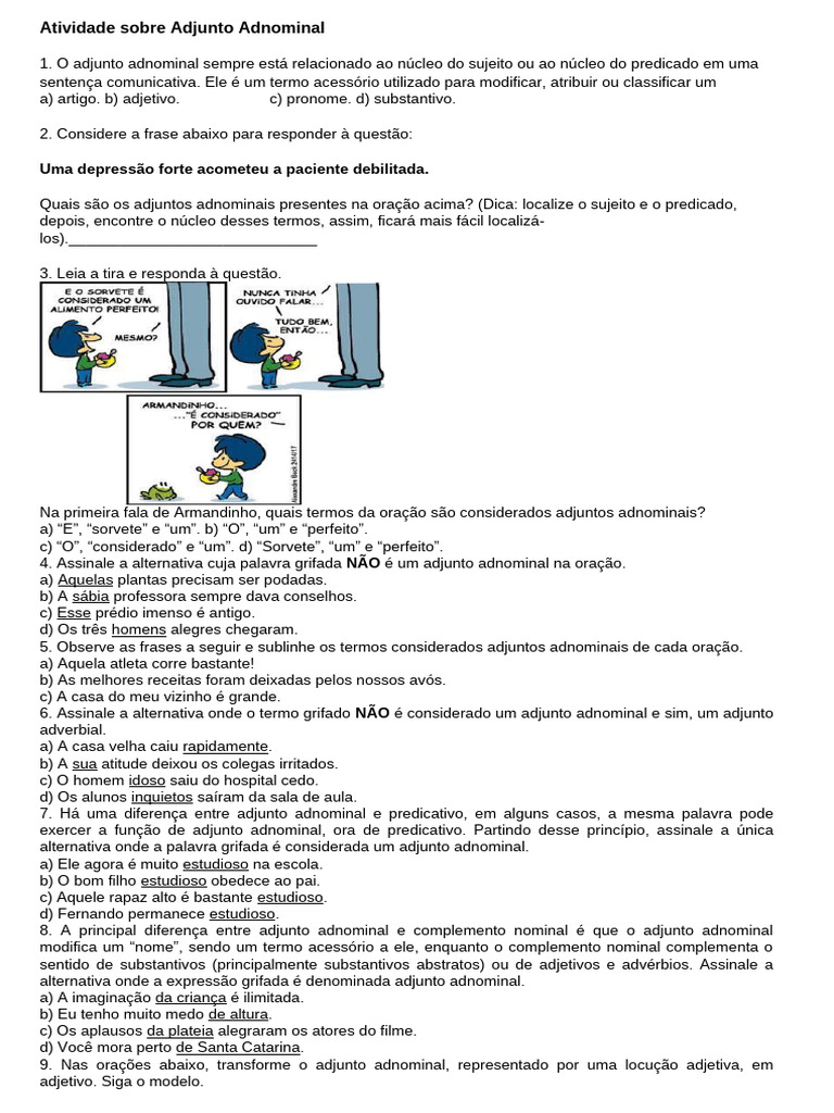 Atividade Prática sobre Adjunto Adnominal | PDF | Substantivo | Pronome