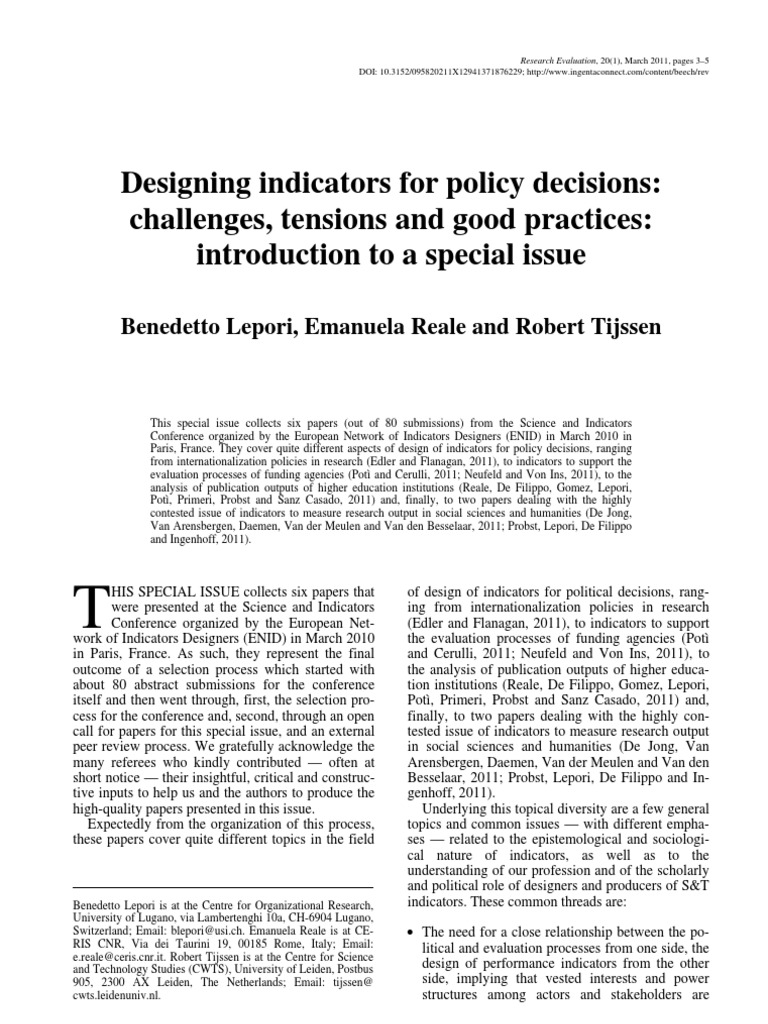 Designing Indicators For Policy Decisions: Challenges, Tensions and ...