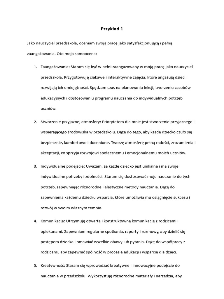 Samoocena Nauczyciela Przedszkola Przyklad | PDF