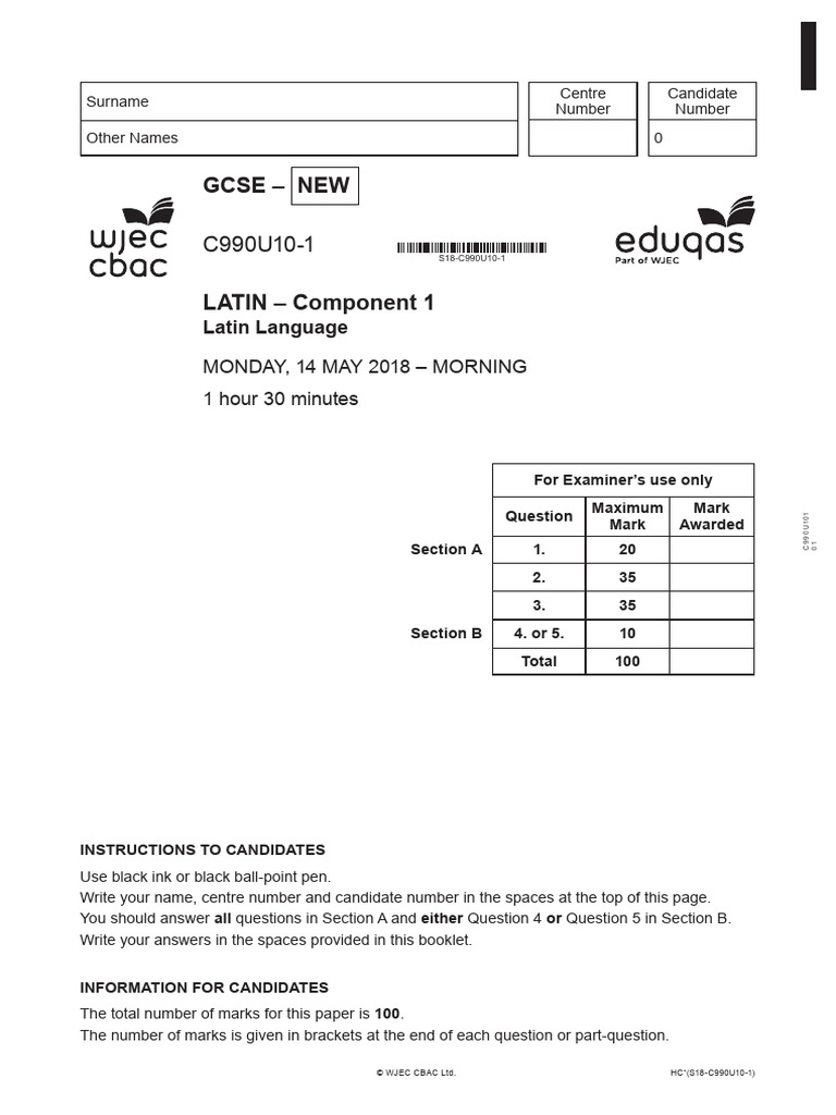 Eduqas Latin GCSE Past Paper 2018 | PDF | Grammatical Tense | Latin