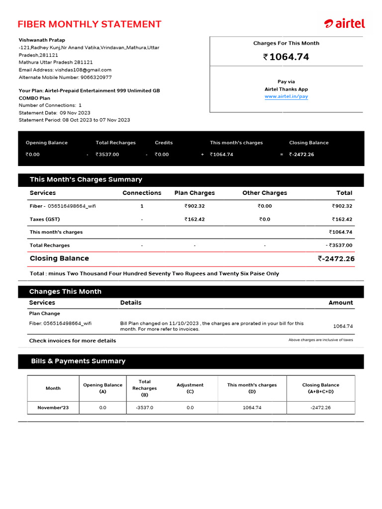 Airtel Fiber Bill Summary | PDF | Payments | Service Industries