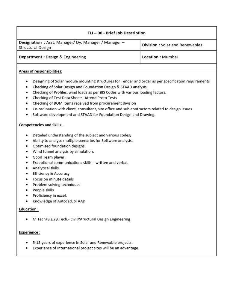 Solar Structural Design Manager Role | PDF