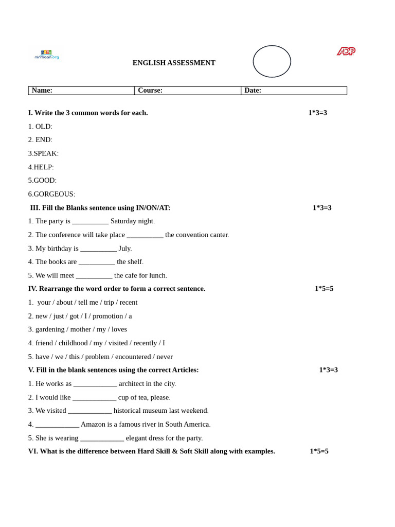 English Assessment - 1 | PDF