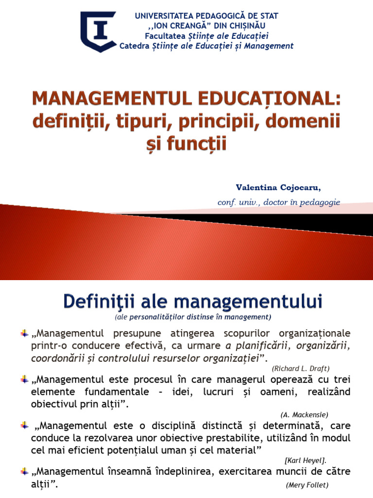 1MANAGEMENTUL EDUCAȚIONAL - Definiții - Tipuri - Principii - Domenii ...