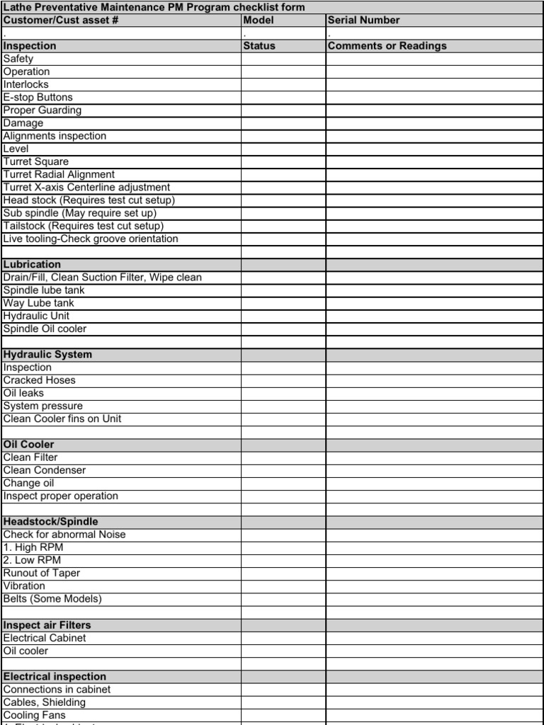 Lathe Pm Checklist Machines Technology Engineering
