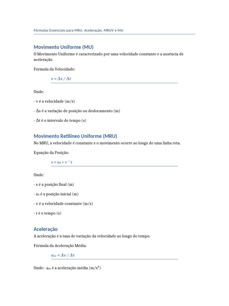 Fórmulas de MRU e MRUV | PDF