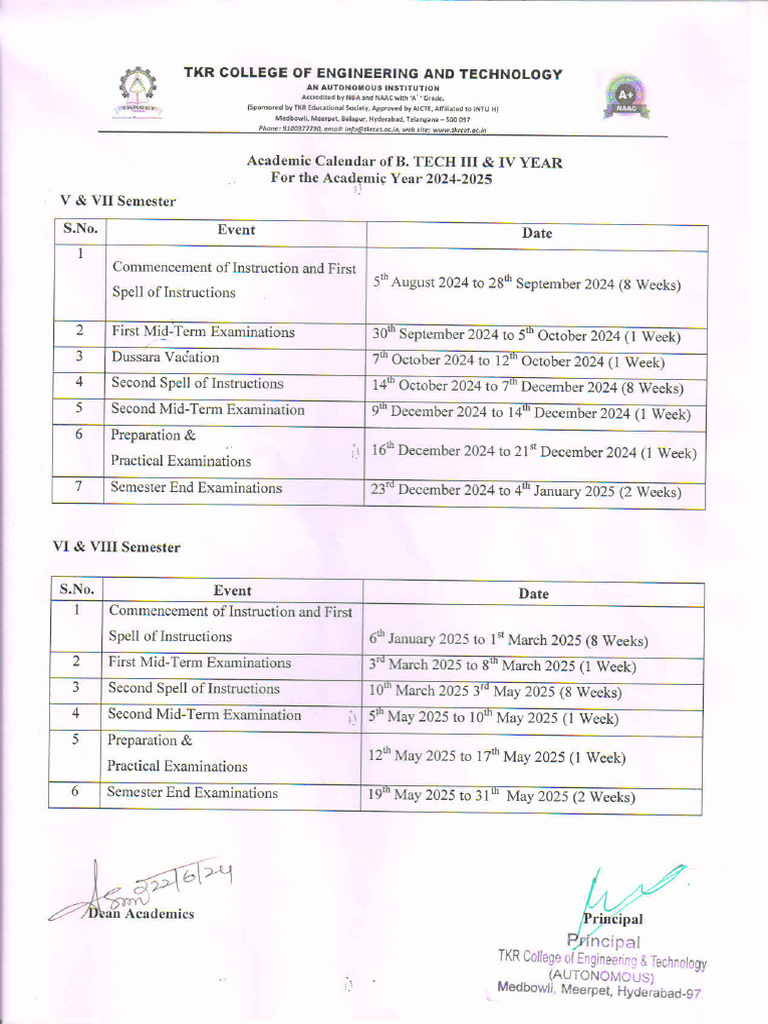 2024 25 Academic Calendar For III IV Year | PDF