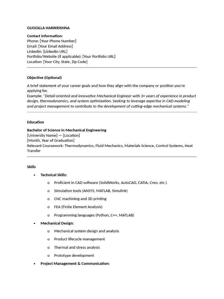 Mechanical Engineer Resume Template | PDF | Mechanical Engineering ...