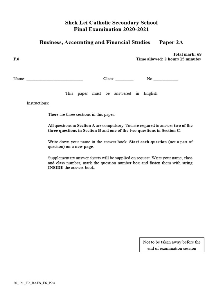 BAFS F6 Final Exam Paper 2020-2021 | PDF | Depreciation | Balance Sheet
