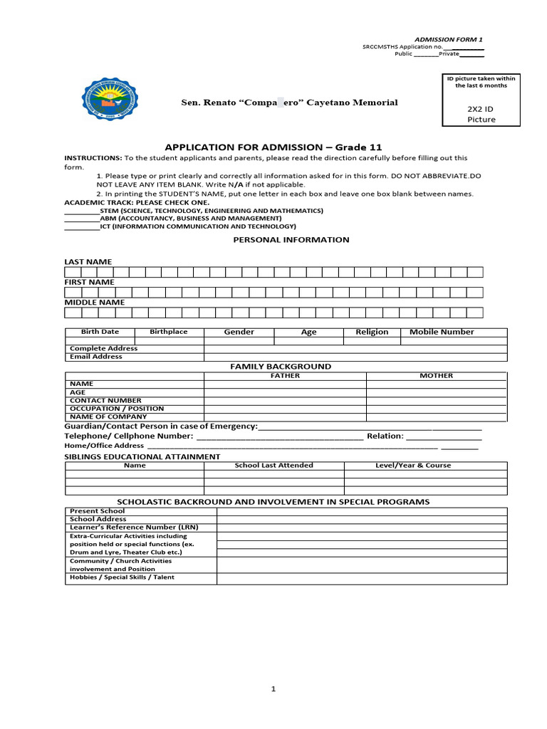 SRCCMSTHS Admission Form Grade 11 | PDF
