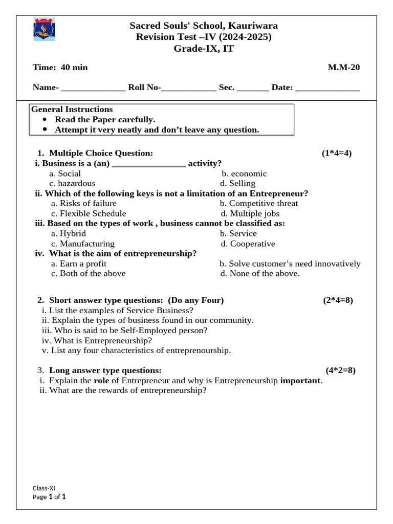 Grade 9 Revision Test 4 | PDF