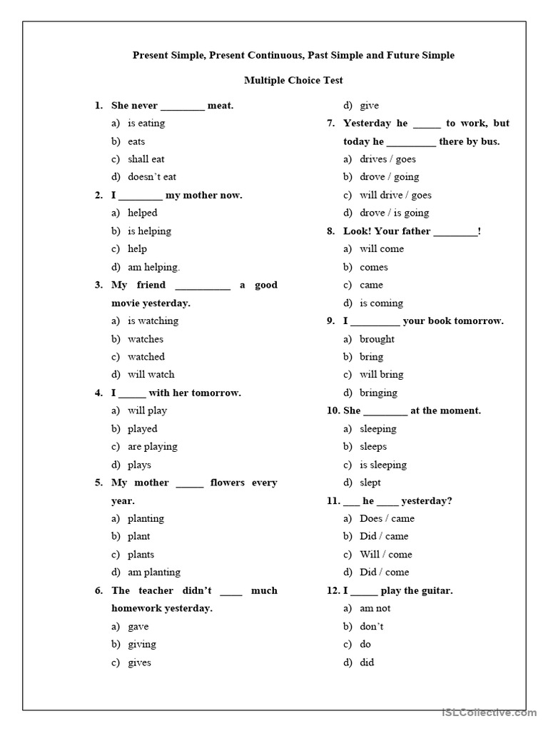 Simple Tenses Multiple Choice Test | PDF