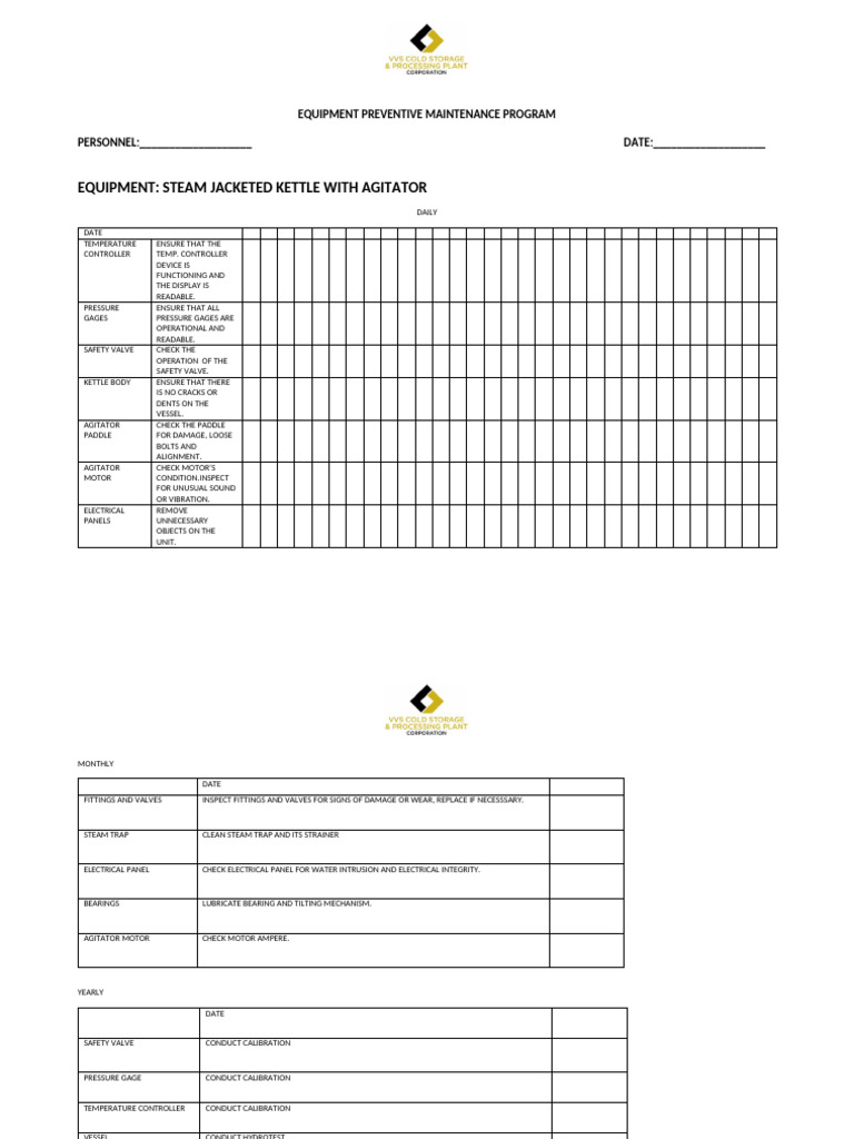 Steam Kettle Maintenance Checklist | PDF