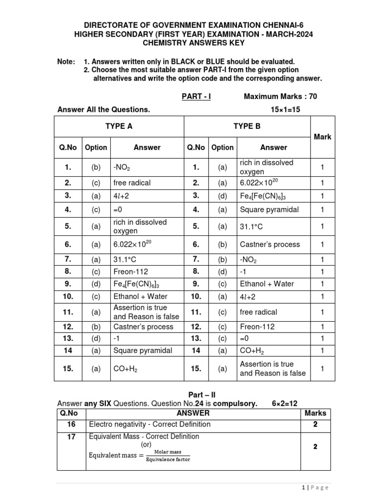 11th Chemistry Exam Key Answers 2024 | PDF | Molecules | Chemistry